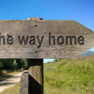 een houten wegwijzer met als opschrift 'the way home'